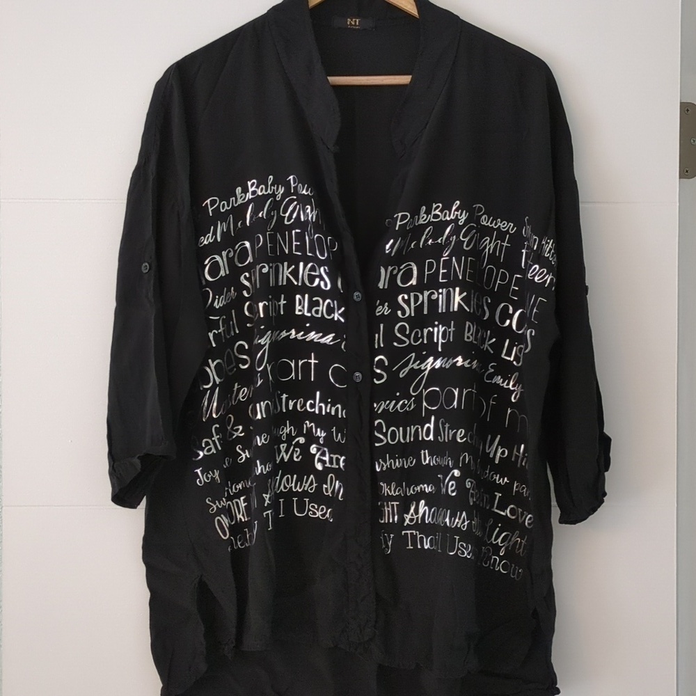 NT Black Button-Down Script Print Shirt
